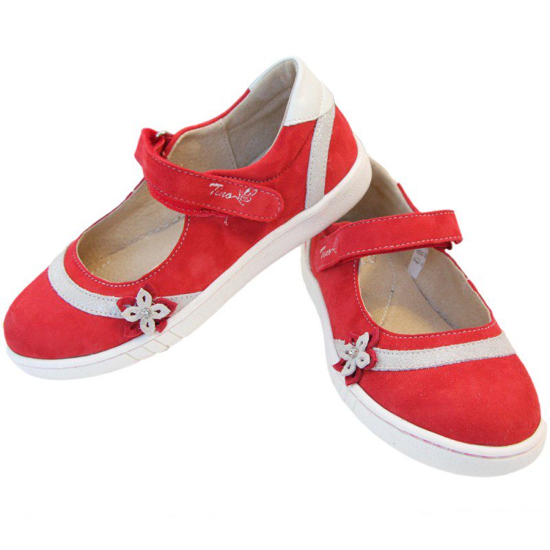 Pantofi fete piele rosii Tino cu floricele
