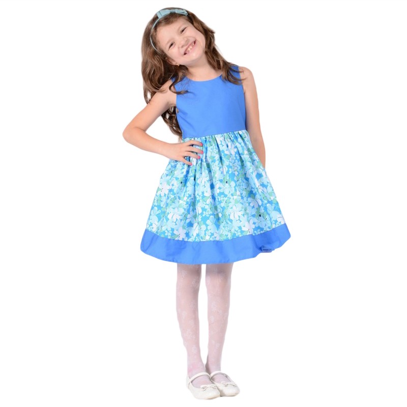 Rochie albastra cu imprimeu floral, marimi 9-12 ani