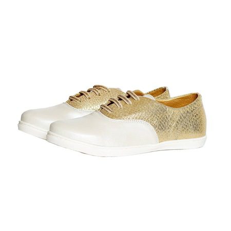Pantofi fete piele Taggy PJ Shoes alb cu auriu
